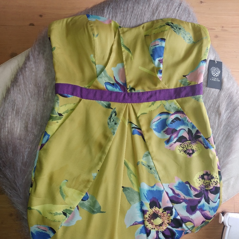 New Vince Camuto | Chartreuse Floral Lined Zip Satin Strapless Pocket Dress 14